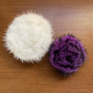Lot of 2 Fur Rosette Brooches Pins White and Deep Purple